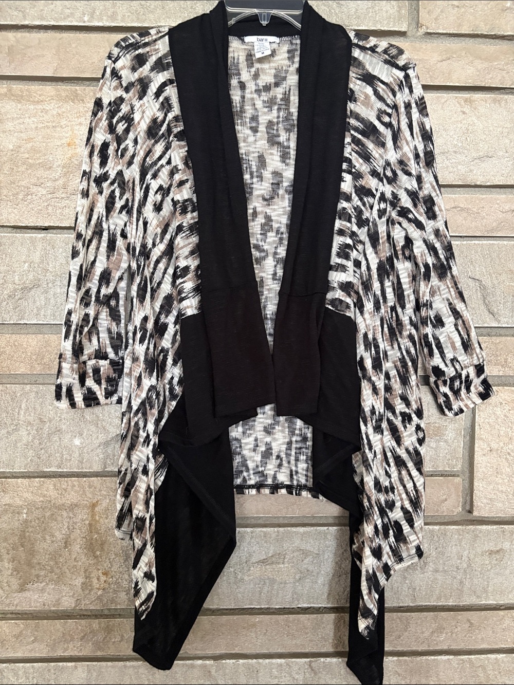 Bar III Black and Beige Animal-Print Draped Cardigan